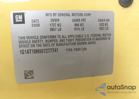 2009 Chevrolet Cobalt Lt z USA, uszkodzony, nr VIN 1G1AT18H997277741